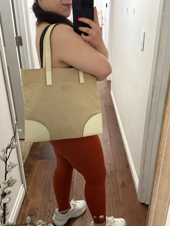 Prada Beige Canvas Shoulder Tote Bag Leather Corners and Handles - Picture 16 of 16